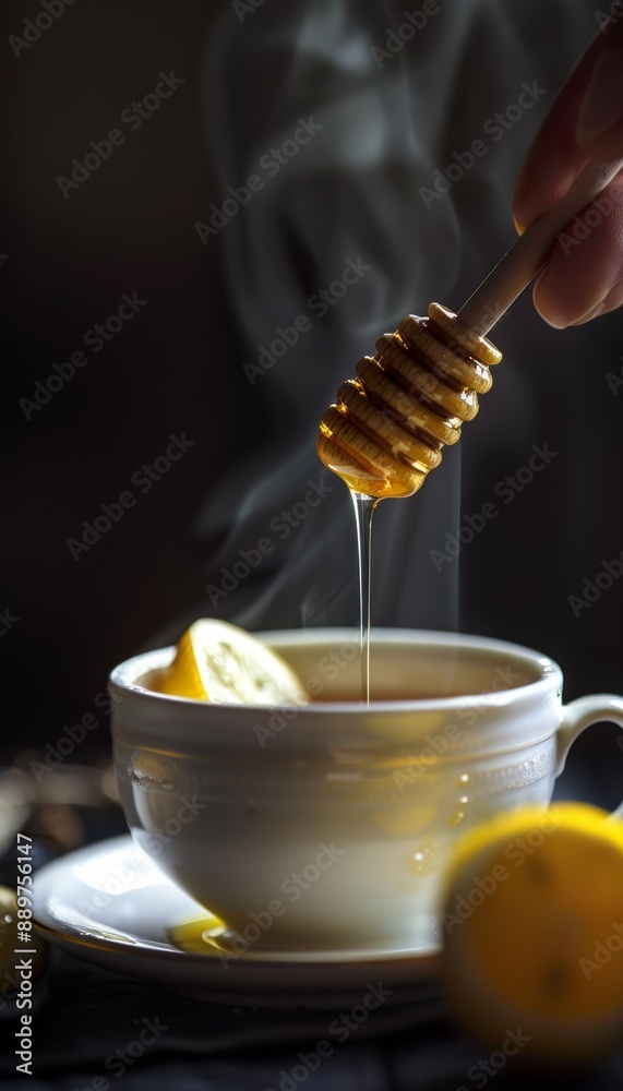 Honey Dripping into Steaming Lemon Tea - Perfect Concept for Comfort, Health, and Wellness Designs