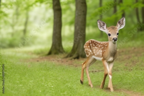 Deer in the forest with green grass and trees