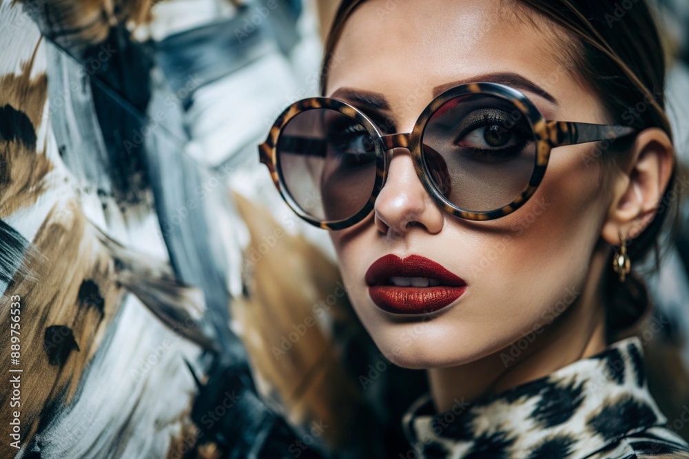 A beautiful girl with round leopard print glasses and red lipstick on her lips. The concept of fashion, style, vivid image, creativity and current trends. A beautiful girl with round leopard print glasses and red lipstick on her lips. The concept of fashion, style, vivid image, creativity and current trends.