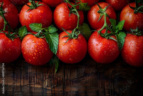 Fresh tomatoes on a wooden surface, suitable for themes related to food, gardening, and health. photo