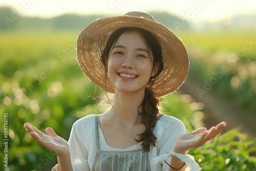 Smiling woman in a straw hat in a sunny field, suitable for themes related to nature, happiness, and outdoor lifestyle. photo