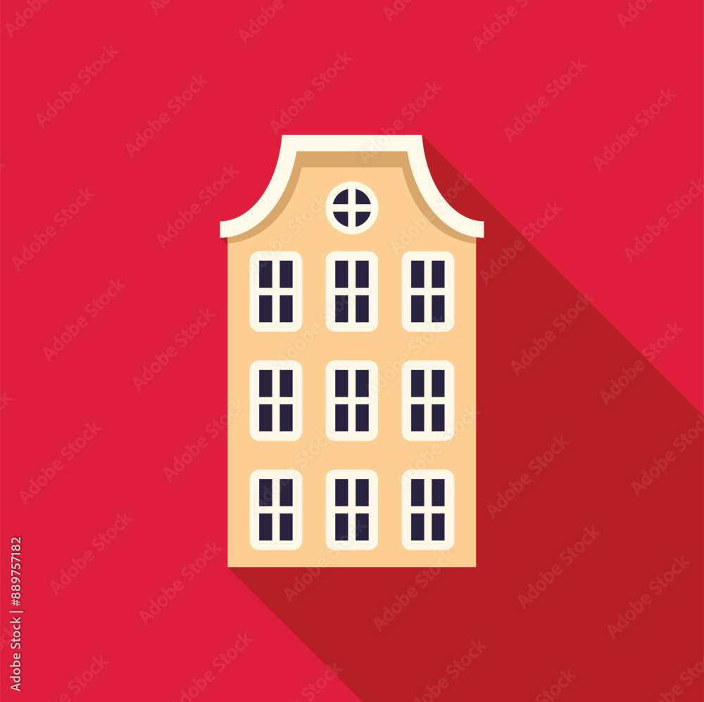 Charming dutch style building with multiple windows is set against a vibrant red background, creating a striking contrast with its long shadow Charming dutch style building with multiple windows is set against a vibrant red background, creating a striking contrast with its long shadow