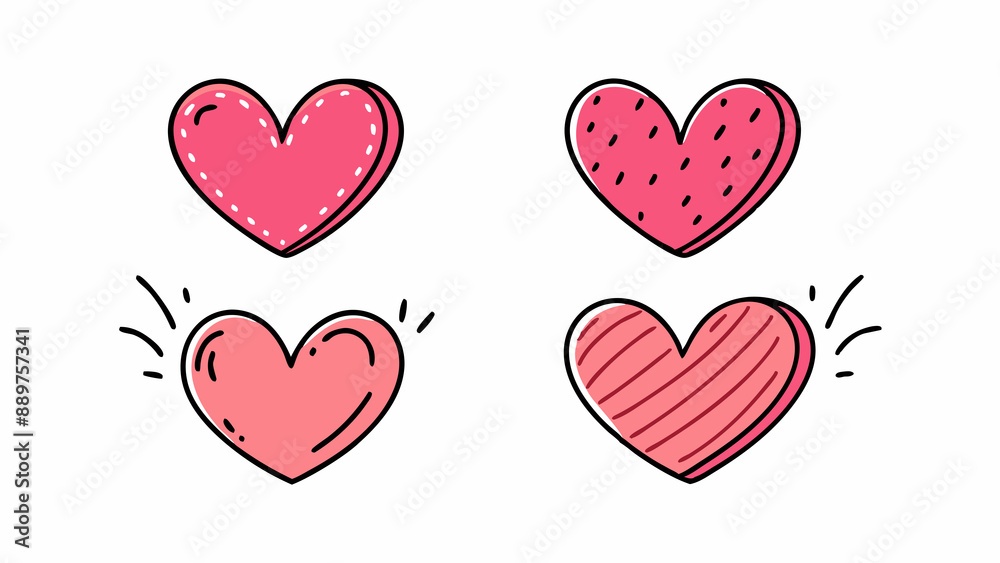 Four hand-drawn hearts with different patterns are arranged in a two-by-two grid Four hand-drawn hearts with different patterns are arranged in a two-by-two grid