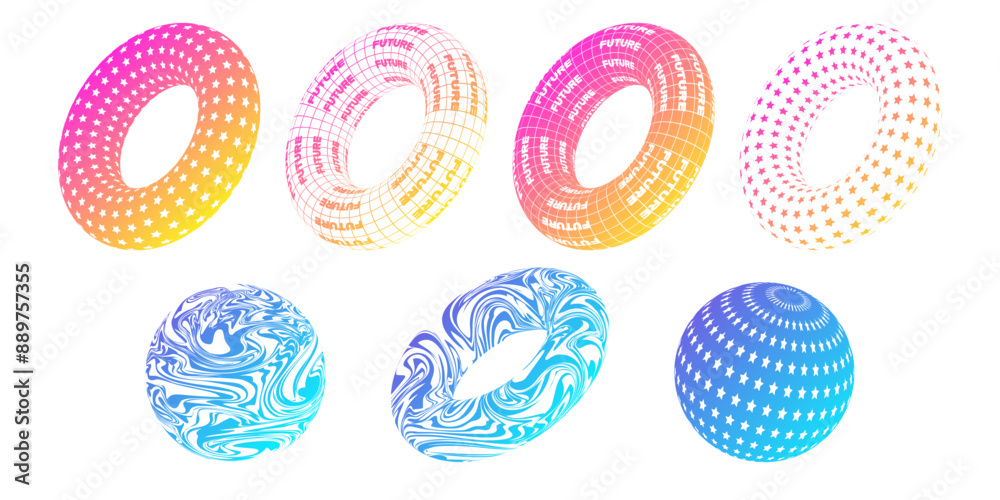 Trendy geometric shapes, donuts with text. 2000s style elements for posters, stickers, web, clothes, etc. Set of gradient shapes. Trendy geometric shapes, donuts with text. 2000s style elements for posters, stickers, web, clothes, etc. Set of gradient shapes.