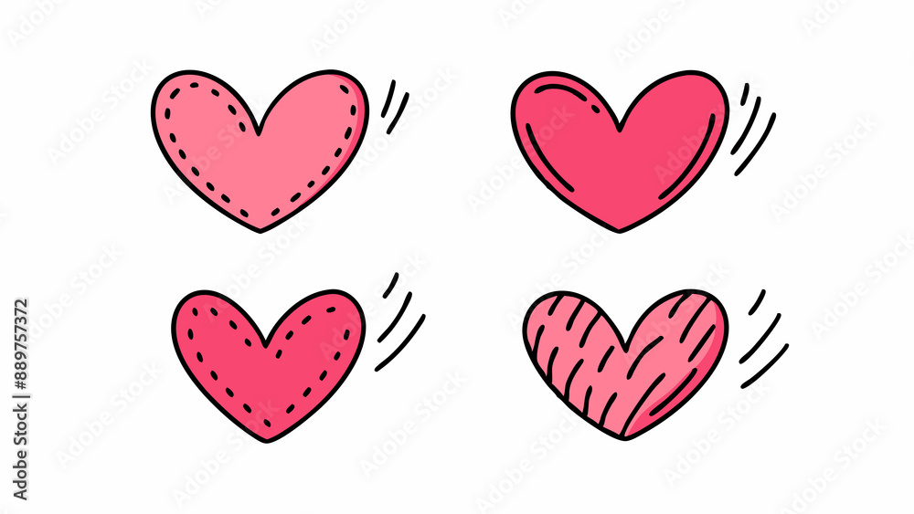 Four hand-drawn hearts with different patterns are arranged in a two-by-two grid Four hand-drawn hearts with different patterns are arranged in a two-by-two grid