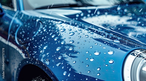 A closeup of water droplets on a blue car. Perfect for ads or articles related to car care, cleaning, or detailing.
