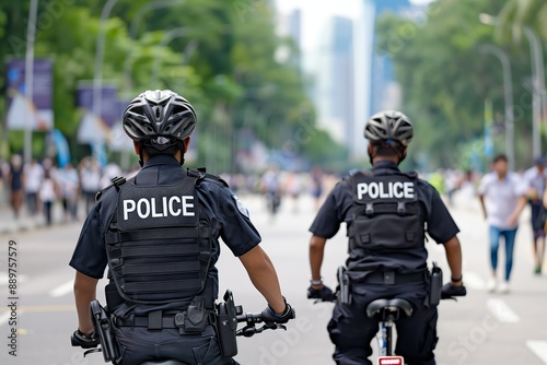 Police Officers on Bicycle Patrol in City