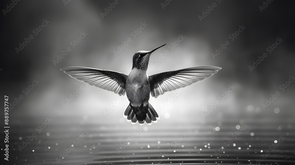 Fototapeta premium A black and white photo of a hummingbird flying with misty and dreamy background