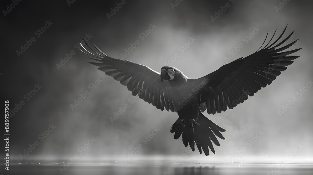 Fototapeta premium A black and white photo of a parrot flying with misty and dreamy background
