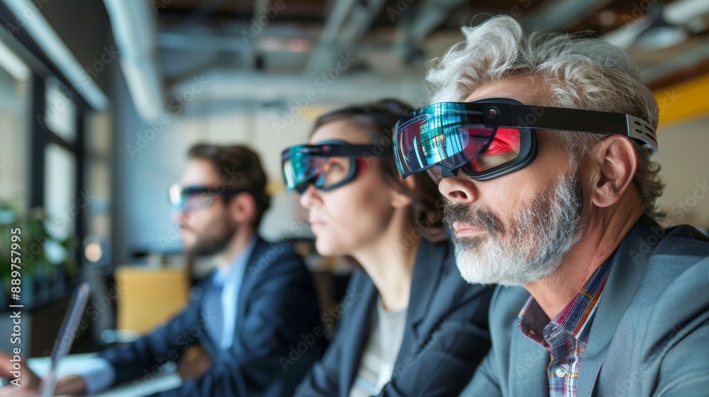 Employees Engaged in Augmented Reality Training Session with Advanced AR Glasses for Corporate Learning