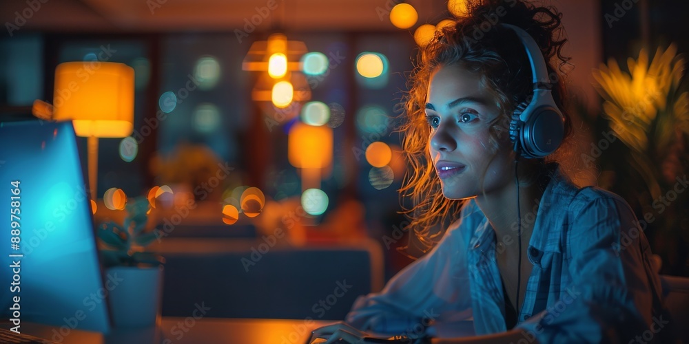 Fototapeta premium Woman wearing headphones, working late at night on a computer in a cozy, dimly lit room with warm ambient lights