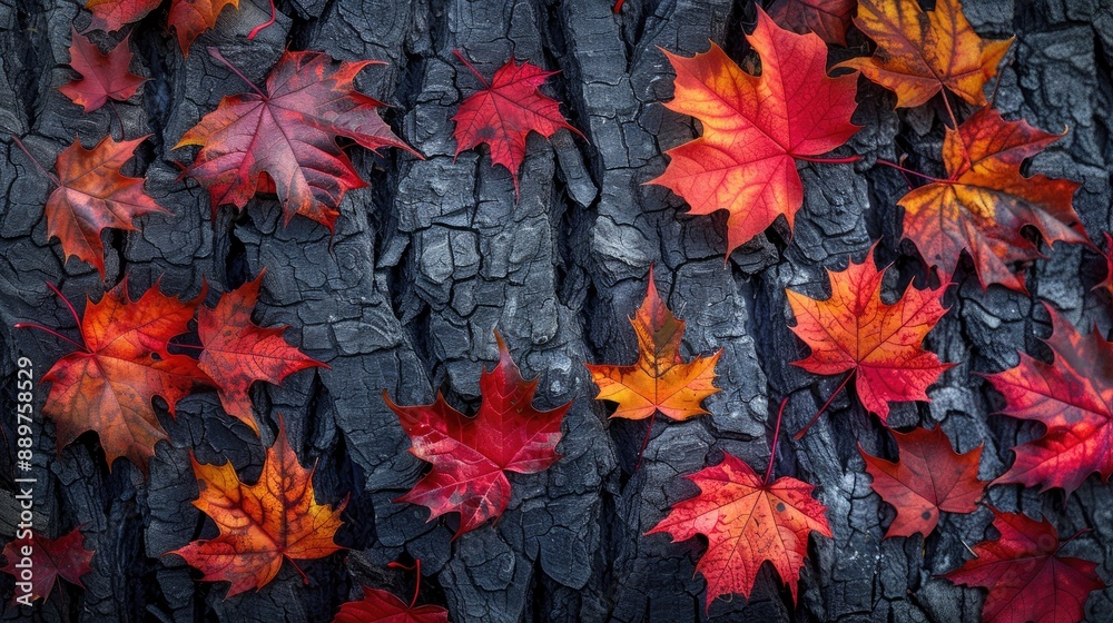 Autumn leaves on burnt tree bark. Use this image for fall season themes or nature photography. Autumn leaves on burnt tree bark. Use this image for fall season themes or nature photography.