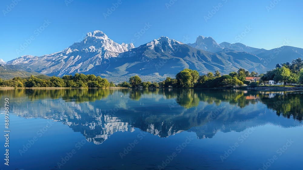 A beautiful mountain range is reflected in the water of a lake. The sky is clear and blue, and the mountains are covered in snow. The scene is peaceful and serene, with the water A beautiful mountain range is reflected in the water of a lake. The sky is clear and blue, and the mountains are covered in snow. The scene is peaceful and serene, with the water