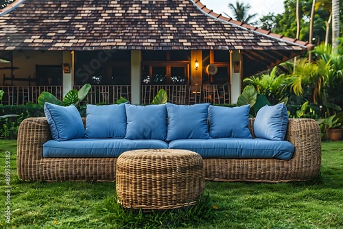 A luxurious outdoor wicker furniture set, featuring plush blue cushions, arranged gracefully on lush green grass against a rustic brown-roofed house.