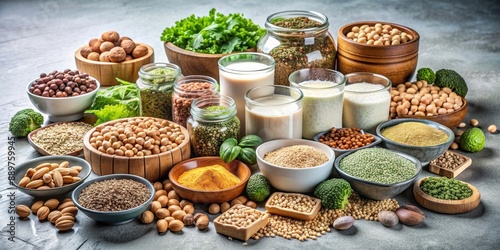 Assortment of vegan, plant based protein food products on display, vegan, plant-based, protein, food