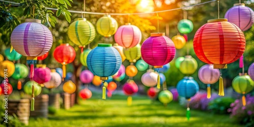 Beautiful outdoor garden party decoration with colorful paper lanterns , Garden, party, decoration, lampions, outdoor