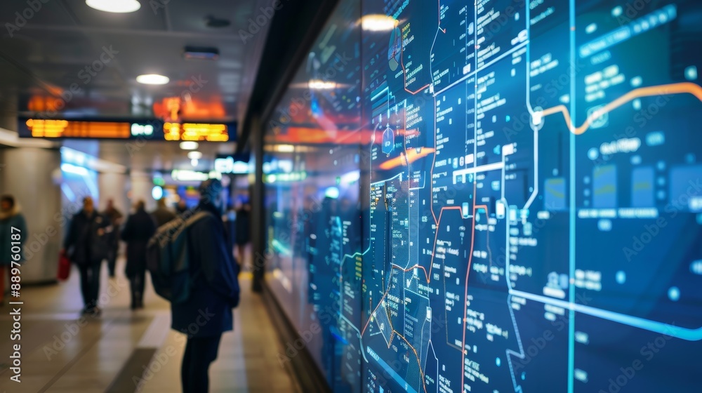 High-Tech Metro Map Display with Real-Time Train Locations and Arrival Times in a Modern Station
