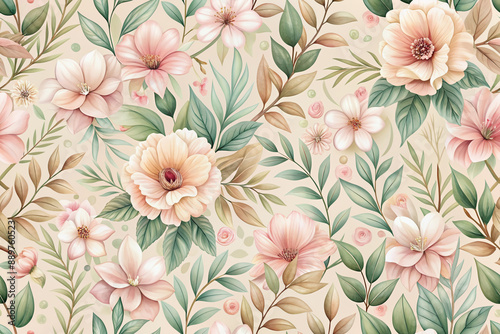 Soft focus seamless pattern featuring delicate pastel pink flowers and gentle leaves on a serene light beige background, perfect for feminine designs and textures.