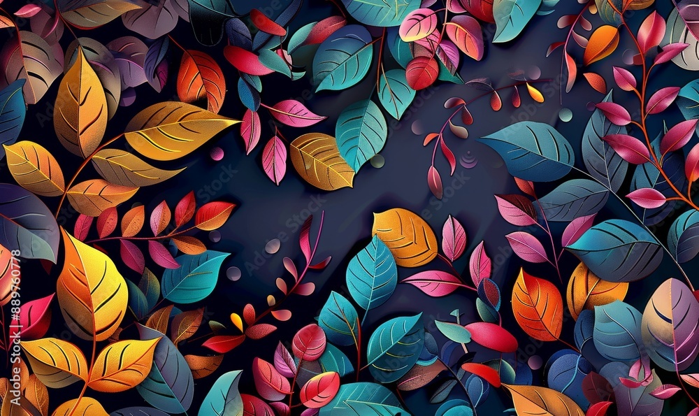 Wall hanging branches seamless pattern leaves fall with bright color flowers illustration background. 3d abstraction wallpaper for interior mural wall, Generative AI