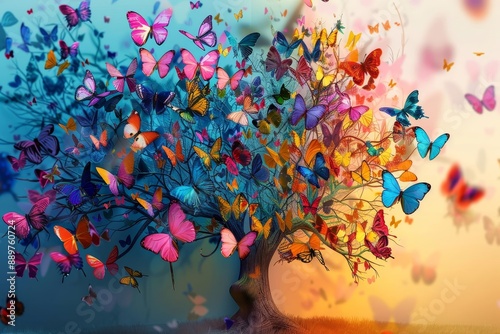 background of the fantastic butterfly tree. Elegant colorful tree with vibrant leaves hanging branches background. Bright color 3d abstraction wallpaper for interior mural painting wall, Generative AI photo