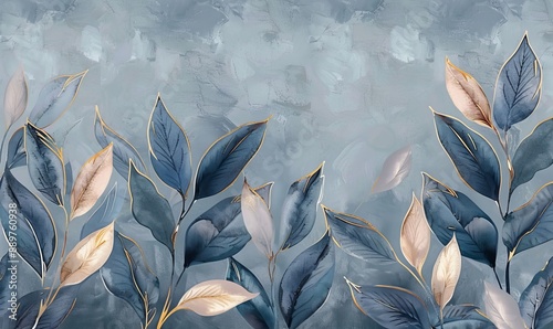 blue vintage tropical leaves in seamless border design premium wallpaper luxury silver grey texture mural art 3d dark watercolor floral illustration golden beige subdued pink, Generative AI