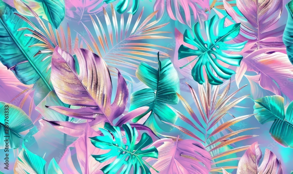 shiny tropical leaves pastel colored in turquoise mint purple pink rose gold blue watercolor 3d illustration luxury wallpaper premium high quality seamless mural pattern, Generative AI shiny tropical leaves pastel colored in turquoise mint purple pink rose gold blue watercolor 3d illustration luxury wallpaper premium high quality seamless mural pattern, Generative AI