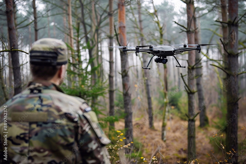 A man in a camouflage with a drone in the autumn forest. Unmanned aerial vehicle (UAV) in the forest. Soldier in camouflage A man in a camouflage with a drone in the autumn forest. Unmanned aerial vehicle (UAV) in the forest. Soldier in camouflage