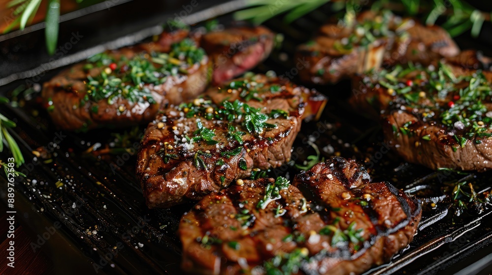Grilled steaks on a black grill. Perfect for a dinner menu, recipe, or food blog. Grilled steaks on a black grill. Perfect for a dinner menu, recipe, or food blog.