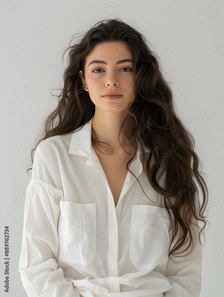 Elegant young Arabic woman in white pajamas with long sleeves and a simple, laid-back style. Elegant young Arabic woman in white pajamas with long sleeves and a simple, laid-back style.