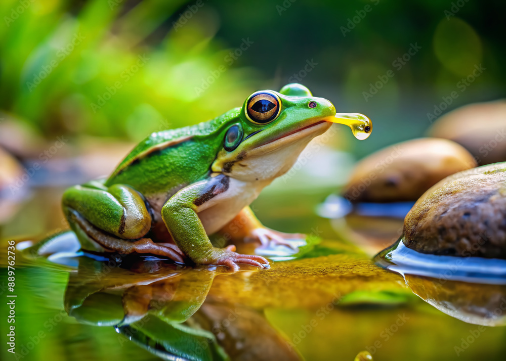 A tiny green frog perches on a river rock, its long tongue extended to take a refreshing drink from the calm, clear water's edge. A tiny green frog perches on a river rock, its long tongue extended to take a refreshing drink from the calm, clear water's edge.