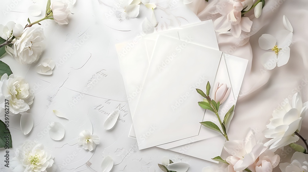 Beautifully designed wedding invitation suite on a stylish white background, featuring calligraphy and floral motifs. 32k, full ultra HD, high resolution Beautifully designed wedding invitation suite on a stylish white background, featuring calligraphy and floral motifs. 32k, full ultra HD, high resolution