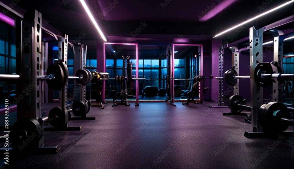 Wide Angle Photography of Empty Modern Gym Room with Weights, Bars, and Racks. Strong Purple Lighting and Nighttime Shadows Wide Angle Photography of Empty Modern Gym Room with Weights, Bars, and Racks. Strong Purple Lighting and Nighttime Shadows