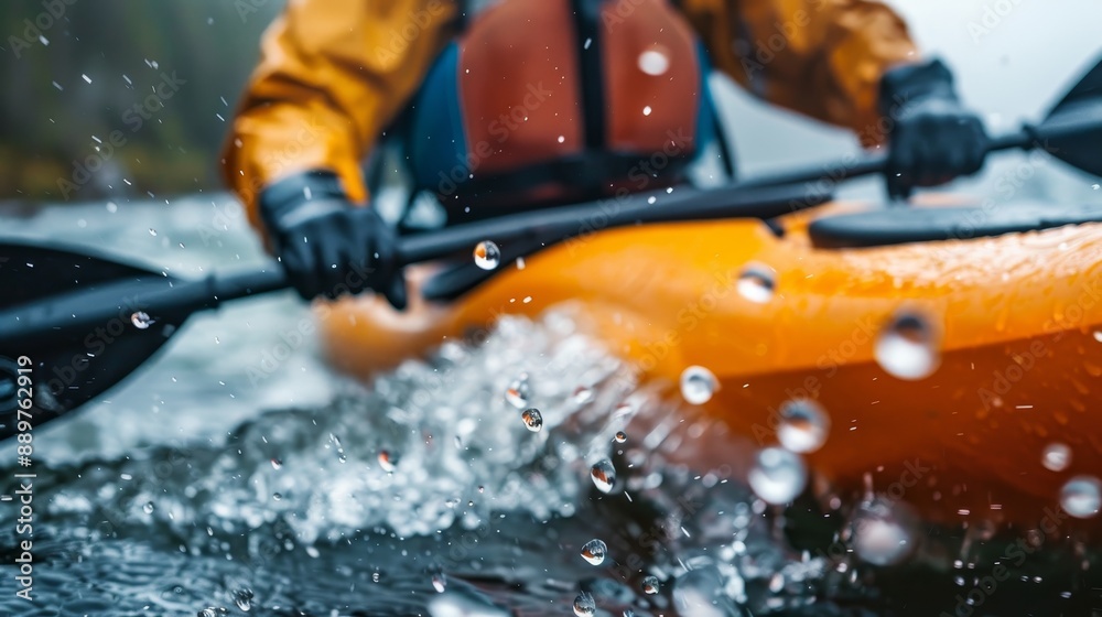 A kayaker paddles vigorously through splashing water in an orange kayak during a rainy day adventure in a forested area