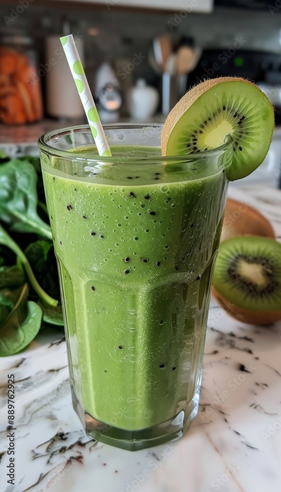 Nutrient-Rich Green Smoothie with Spinach, Kiwi, and Almond Milk in a Clear Glass with a Fun Paper Straw