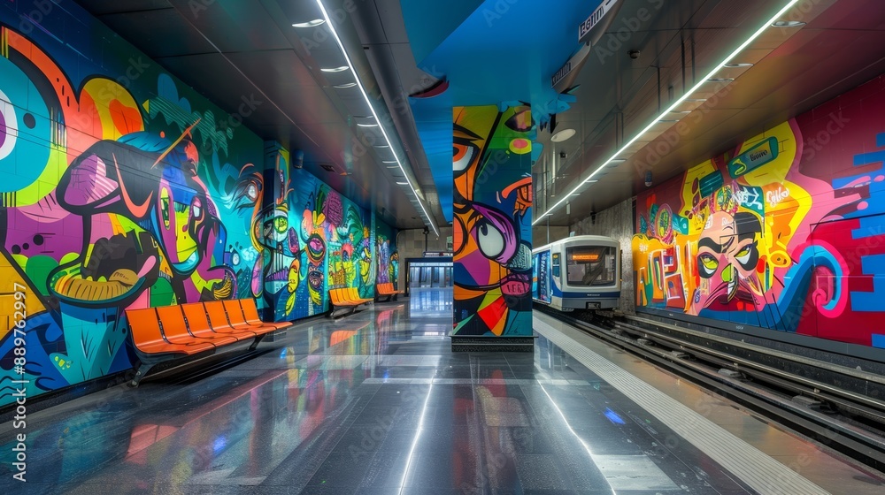 Vibrant Metro Station with Colorful Street Art Murals and Modern Seating Design for Urban Culture Concepts Vibrant Metro Station with Colorful Street Art Murals and Modern Seating Design for Urban Culture Concepts