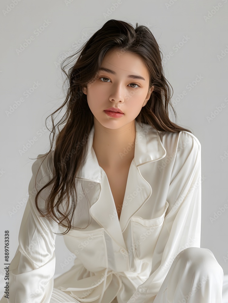 Elegant Asian Woman in Simple White Pajamas Elegant Asian Woman in Simple White Pajamas