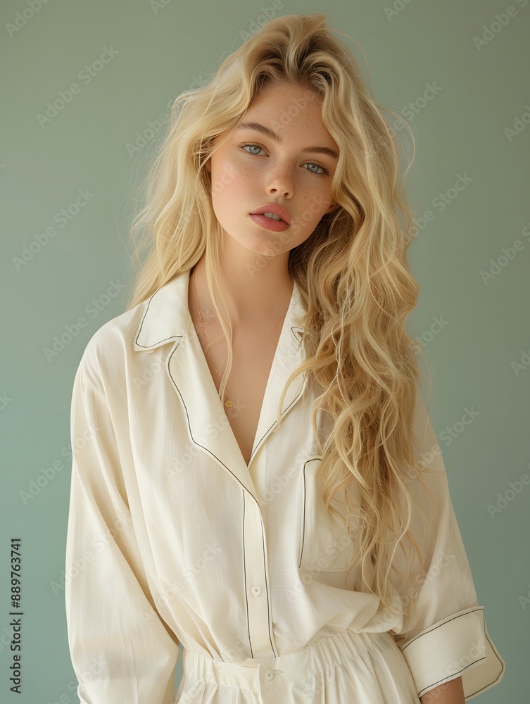 Fototapeta premium Elegant Blonde Woman in White Pajamas with a Simple Background