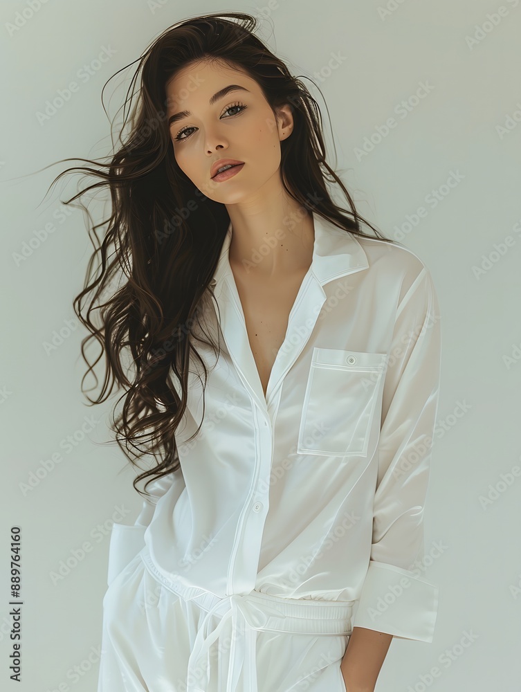 Elegant Latina Woman in White Pajamas with Soft Studio Lighting Elegant Latina Woman in White Pajamas with Soft Studio Lighting