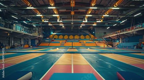 Wide shot of a gymnastics floor routine.