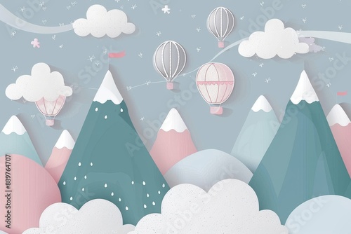 hand drawn childish wallpaper with mountains, balloons and clouds. Modern 3D wallpaper for the children's room. Doodle style, Generative AI