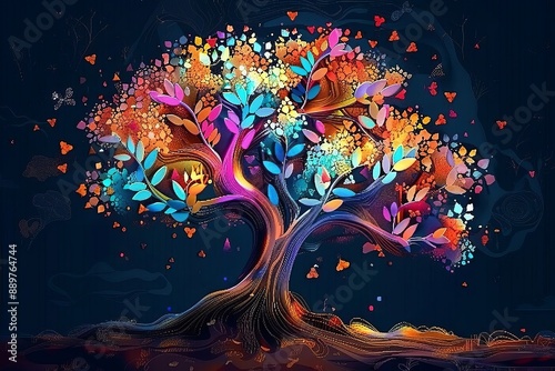 3D colorful tree in the dark background, 3d abstraction wallpaper for interior mural wall art decor, Generative AI