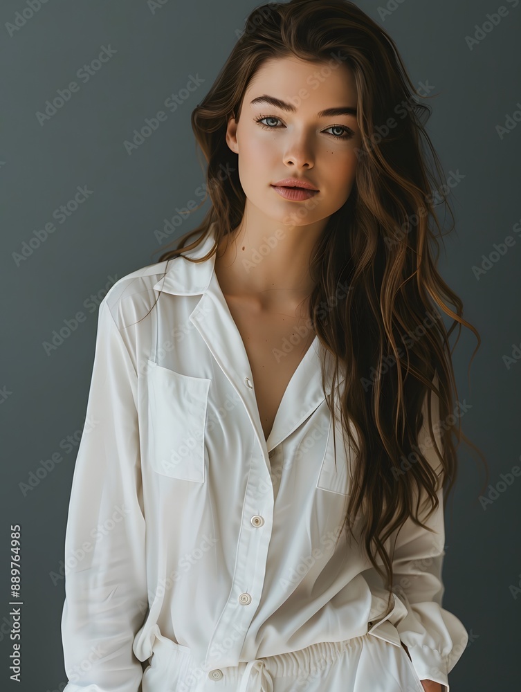 Elegant Latina Woman in White Pajamas with Soft Studio Lighting Elegant Latina Woman in White Pajamas with Soft Studio Lighting
