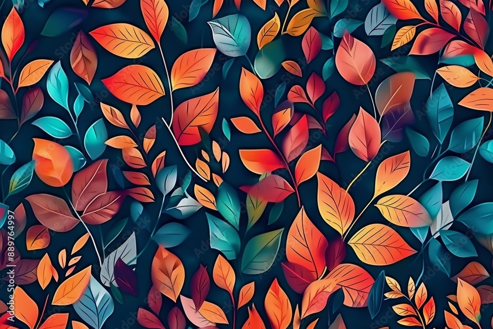 Wall hanging branches seamless pattern leaves fall with bright color flowers illustration background. 3d abstraction wallpaper for interior mural wall, Generative AI Wall hanging branches seamless pattern leaves fall with bright color flowers illustration background. 3d abstraction wallpaper for interior mural wall, Generative AI