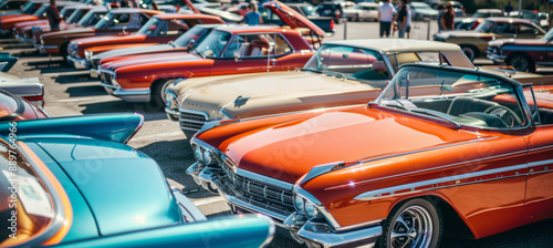 Fototapeta Naklejka Na Ścianę i Meble -  Classic Car Show: Vintage Cars Displayed in Sunlit Parking Lot for Enthusiasts