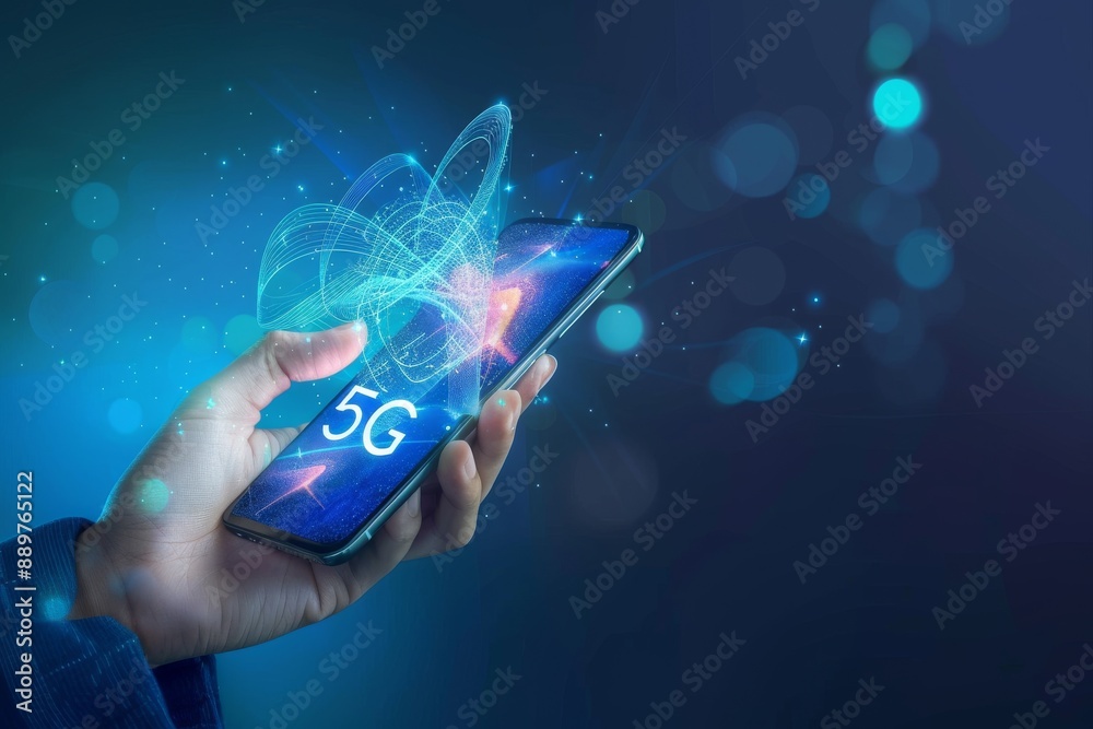 Creative background with a man holding a telephone in front of a 5G hologram on a city background. A 5G network is a high-speed mobile Internet network with new technology. Creative background with a man holding a telephone in front of a 5G hologram on a city background. A 5G network is a high-speed mobile Internet network with new technology.