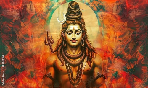Lord Shiva with colorful background golden red orange wallpaper, God Shiv bholenath Mahadev poster design for wallpaper Mandir Temple Mahadev 3d mural, Generative AI