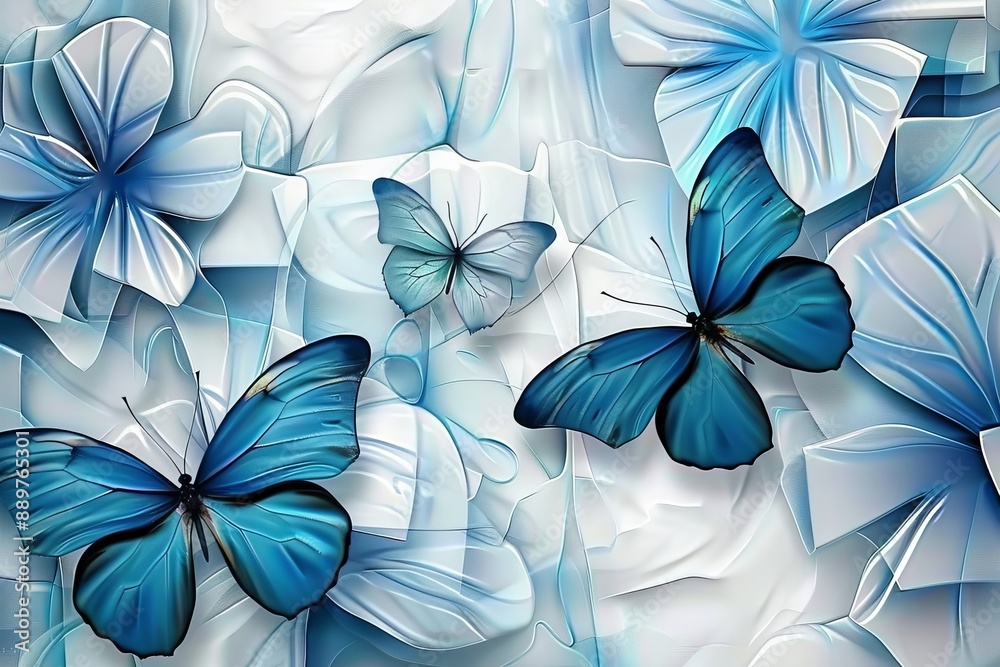 Modern mural wallpaper with abstract 3D design and prominent blue butterfly pattern. Generative AI Modern mural wallpaper with abstract 3D design and prominent blue butterfly pattern. Generative AI