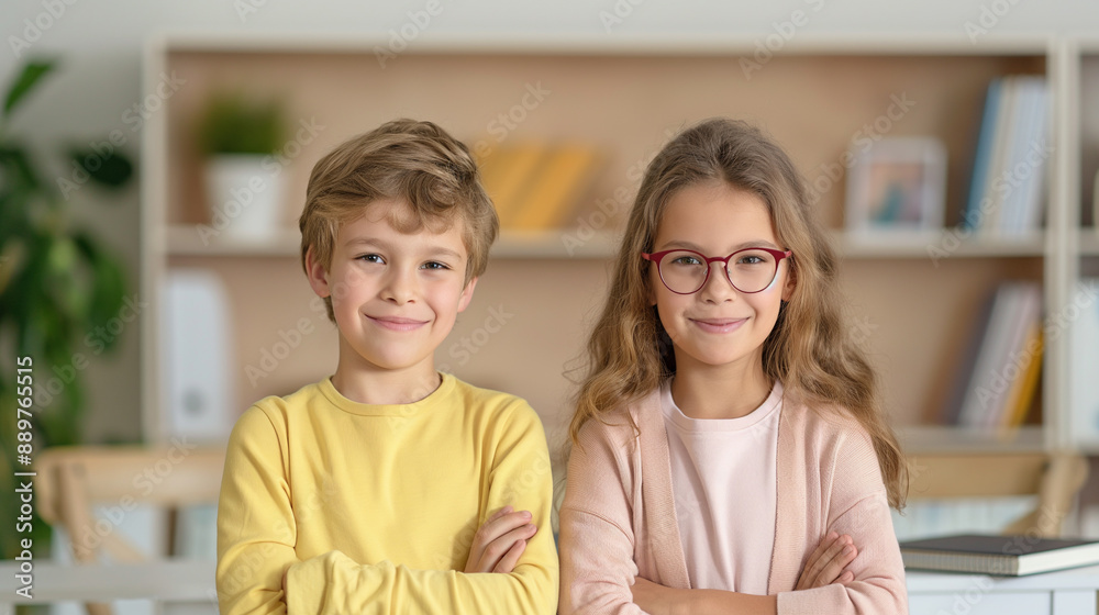 Smiling Boy and Girl Holding Papers, School Children, Sibling Portrait, Yellow and Pink Sweaters, White Background, Education Concept Smiling Boy and Girl Holding Papers, School Children, Sibling Portrait, Yellow and Pink Sweaters, White Background, Education Concept
