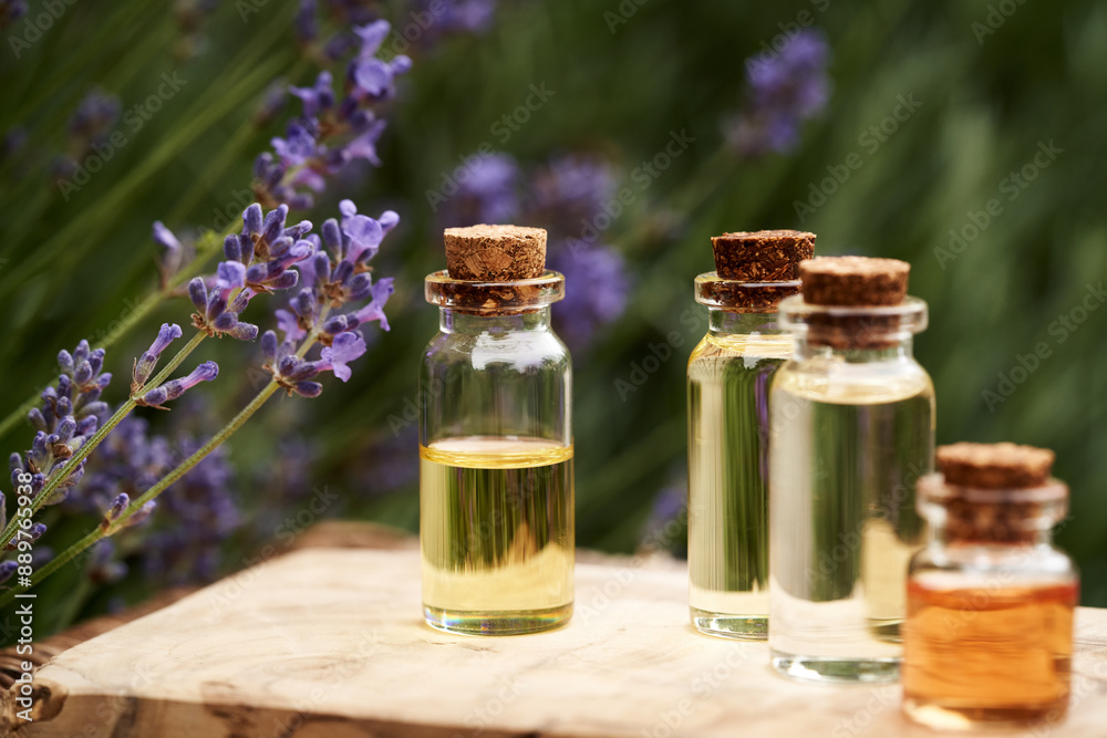 Essential oil bottles with blooming lavender plant outdoors Essential oil bottles with blooming lavender plant outdoors