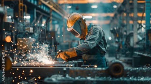 Welder with sparks flying, showcasing a skilled tradesperson working on a metal fabrication project wearing safety gear , welding industry concept 